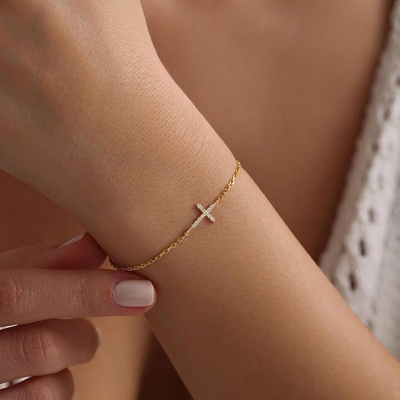 Moodear Valentines Day Gifts for Her, Dainty 925 Sterling Silver/14k Gold Plated CZ Cross Bracelet Layered Snake Pearl Chain Knot Bracelets for Women Trendy Religious Christian Jewelry - Image 2